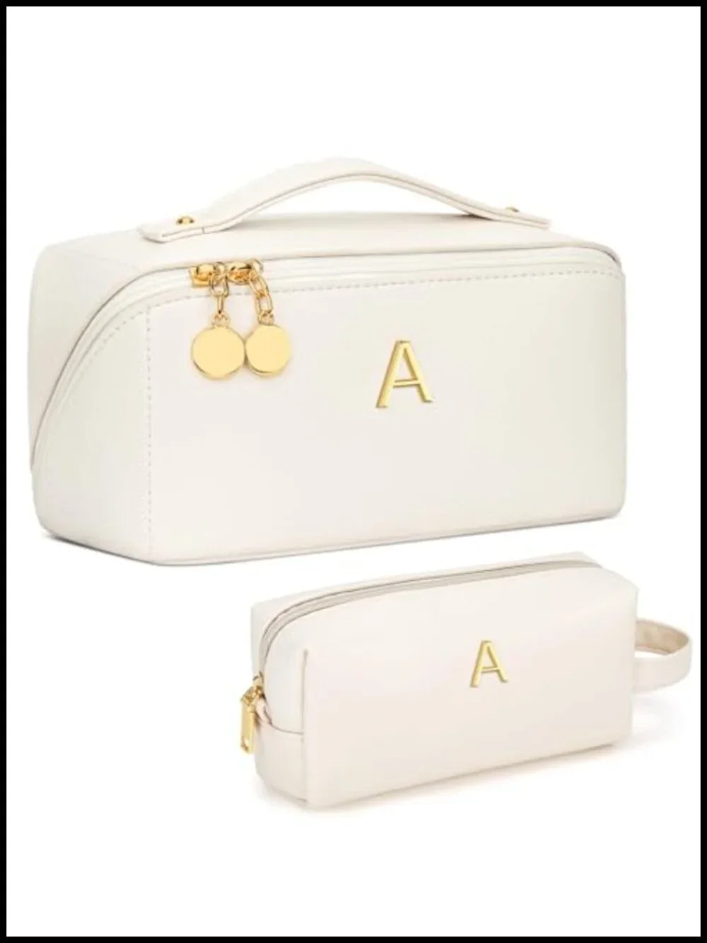 Monogram Initial Makeup Bag - PU Leather Cosmetic Case with Top Handle and